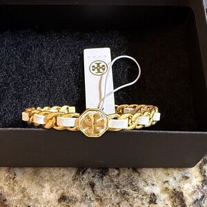 Tory Burch Gold and White leather cuff Bracelet